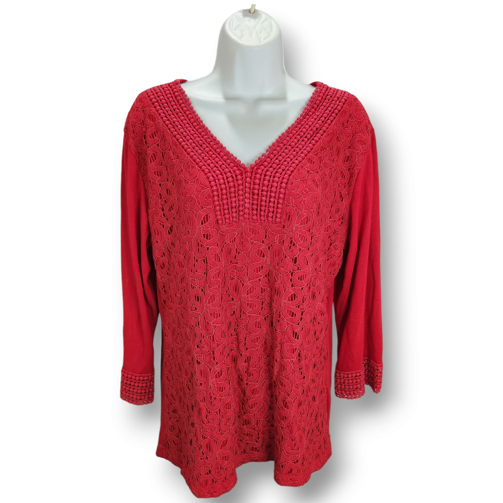 Shannon Ford Fashion Blouse Womens XLarge Red Crochet Lace Bohemian Hippie